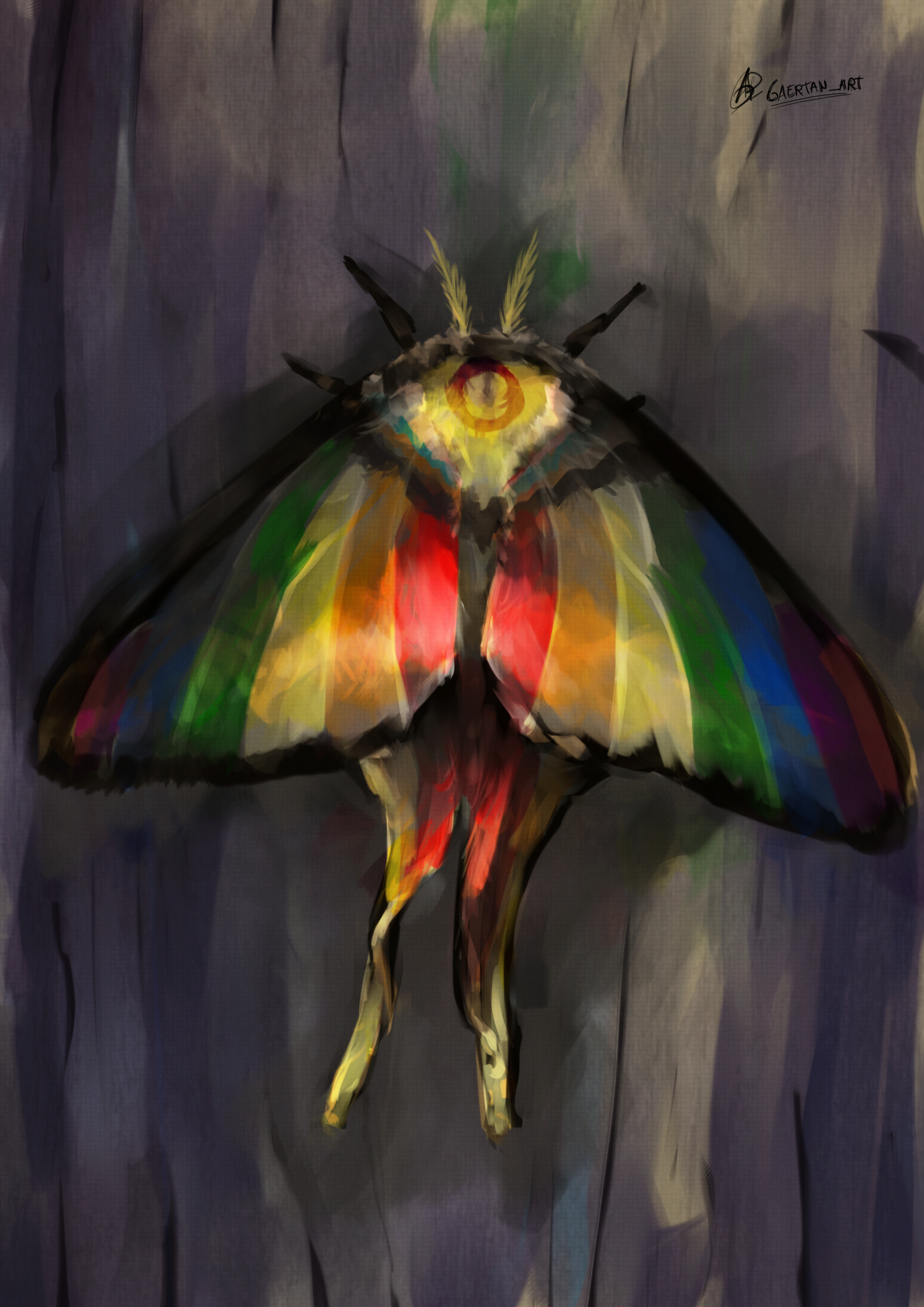 A classic moth sits on a tree bark. Their wings are glowing in the colors of the rainbow as a reminiscence to pride and all the wonderful and colorful people out there.